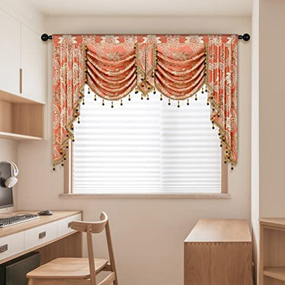 ELKCA Damask Coffee Jacquard Swag Waterfall Valance Luxury Curtain Valance for Living Room Kitchen Valance,Rod Pocket, W69 Inch,1 Panel - color: Valance,damask-coffee, size: 69"W x 43"L (Pack of 1)