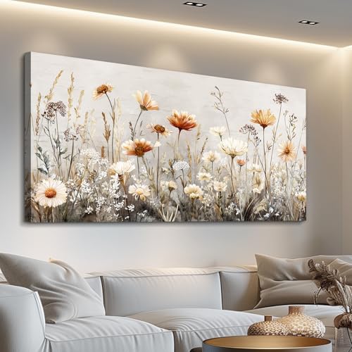 QIYILEXWART Canvas Wall Art For Living Room Wall Decor For Bedroom Office Wall Decoration Neutral Wildflower Landscape Painting Farmhouse Pictures Artwork Room Aesthetic Home Decor 20x40 In - color: Neutral Wildflower Canvas, size: 40"L x 20"W