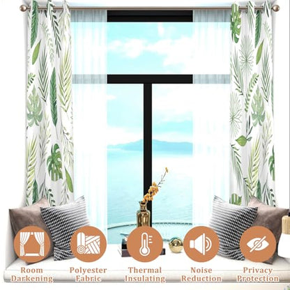 Watercolor Green Tropical Leaf Window Curtains Set 2 Panels 45" L x 29" W - color: Green & White, size: 29"W x 45"L (Pack of 2)
