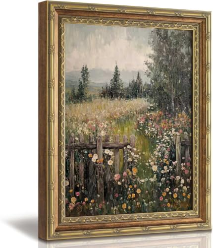 Vintage Gold Framed Wall Art Cottagecore Wildflower Meadow Wall Decor - color: Wildflower, size: 16"L x 24"W