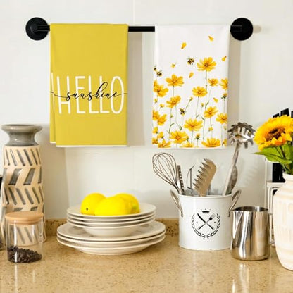 GEEORY Kitchen Towels for Spring Summer Decor Yellow Daisy Dish Towels 18 x 26 Inch Ultra Absorbent Bar Drying Cloth Hello Sunshine Hand Towel for Kitchen Bathroom Party Home Decorations Set of 2