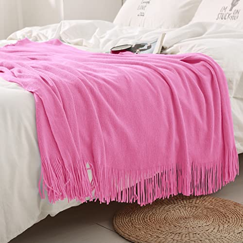 Homiest Hot Pink Knitted Throw Blanket with Fringe, 50x60 Inch - color: Hot Pink, size: 50" x 60"