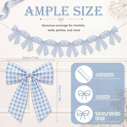 Flutesan 8 Ft Sky Blue Gingham Bow Garland Fabric Banner Farmhouse Decor - color: Sky Blue, style: Gingham