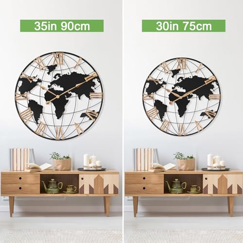 Pytha Sight 36 Inch Large Extra Metal Oversized Roman World Map Wall Clock - color: Gold Roman, size: 36 inch