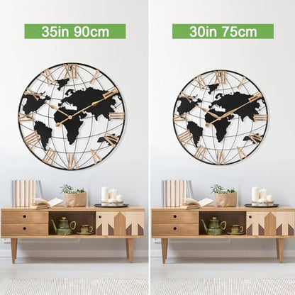 Pytha Sight 36 Inch Large Extra Metal Oversized Roman World Map Wall Clock - color: Gold Roman, size: 36 inch