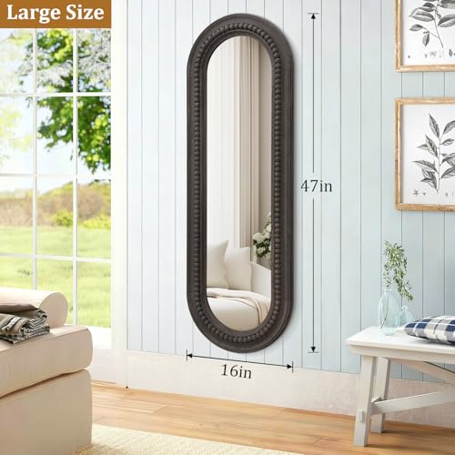 Beaded Framed Mirror Full Length Decorative Oval Wooden Large Wall Mirrors 47"x16" for Bedroom Bathroom Living Room Entryway Home Decor - color: Deep Coloured, size: 47"L x 16"W