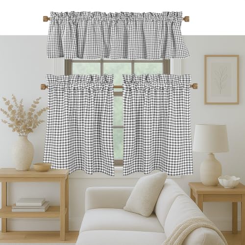 Native Fab Gingham Plaid Check 3 Pieces Window Curtain Tiers 26"x36" and Valance 54"x18" Set - Rod Pocket - Semi Sheer - Farmhouse Short Curtain for Kitchen, Bedroom, Bathroom - Grey and White - color: Grey White