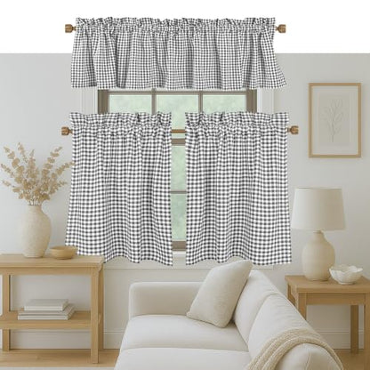 Native Fab Gingham Plaid Check 3 Pieces Window Curtain Tiers 26"x36" and Valance 54"x18" Set - Rod Pocket - Semi Sheer - Farmhouse Short Curtain for Kitchen, Bedroom, Bathroom - Grey and White - color: Grey White