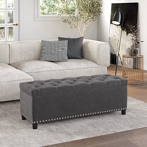 BELLEZE Storage Ottoman, Tufted Ottoman with Close Hinge, Foot Rest for Living Room (Dark Gray, 47 inch) - color: Dark Gray a