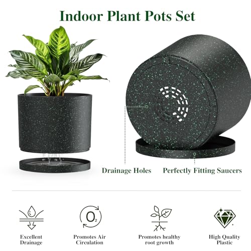 Plant Pots, 10/9/8 Inch 3 Pack Cylindrical Flower Pots with Drainage Holes and Saucers, Plastic Planters for Outdoor Indoor Plants, Black with Green Speckles - color: Black With Green Speckles