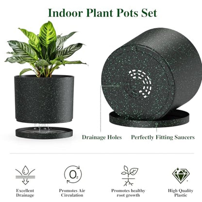 Plant Pots, 10/9/8 Inch 3 Pack Cylindrical Flower Pots with Drainage Holes and Saucers, Plastic Planters for Outdoor Indoor Plants, Black with Green Speckles - color: Black With Green Speckles