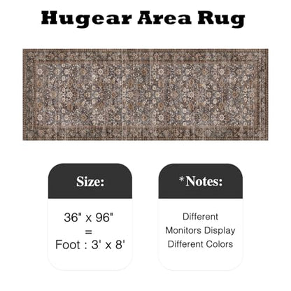 HUGEAR 7.6x20.3cm(3x8인치) 브라운 블루 빈티지 꽃무늬 세탁 가능한 러너 - color: 플로럴 | 브라운/블루, size: 3' x 8' (Runner)