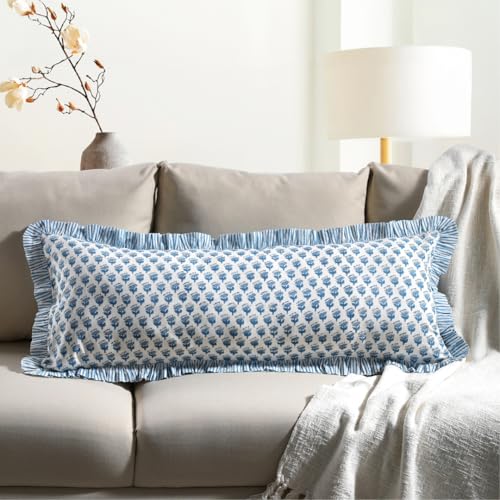 CPC Apatite Blue Block Print Ruffle Sham Pillow Cover 14x36 Inch, Pack of 1 - color: Apatite Blue, size: 36" x 14" (Pack of 1)
