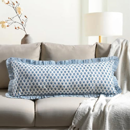CPC Apatite Blue Block Print Ruffle Sham Pillow Cover 14x36 Inch, Pack of 1 - color: Apatite Blue, size: 36" x 14" (Pack of 1)