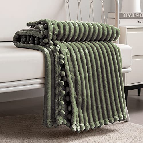 DISSA Fleece Blanket Twin Size – 60x80, Olive Green – Soft, Plush, Fluffy, Fuzzy, Warm, Cozy – Perfect Throw for Couch, Bed, Sofa - with Pompom Fringe - Flannel Blanket Throw Blanket - color: Olive Green, size: 60x80"