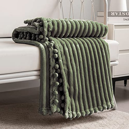 DISSA Fleece Blanket Twin Size – 60x80, Olive Green – Soft, Plush, Fluffy, Fuzzy, Warm, Cozy – Perfect Throw for Couch, Bed, Sofa - with Pompom Fringe - Flannel Blanket Throw Blanket - color: Olive Green, size: 60x80"