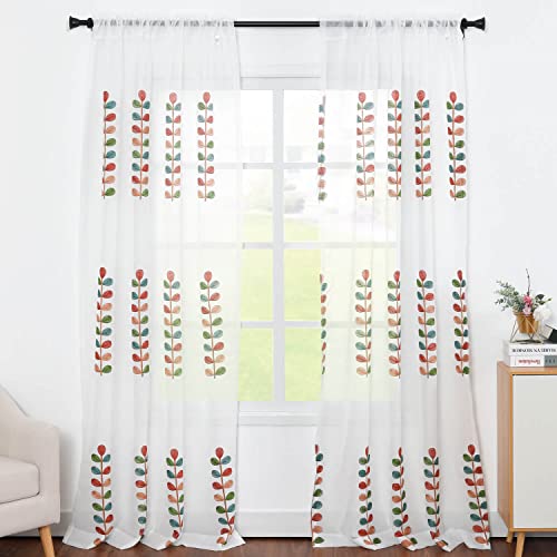 VOGOL Leaf Embroidered Sheer Curtains, 60 x 106, Grommet Top, 2 Panels - color: Matching Sheer, size: 60"W x 106"L (Pack of 2)