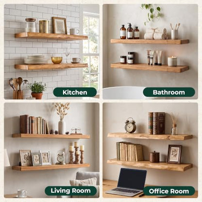 36in Live Edge Solid Elm Floating Shelves, Natural, Set of 2 - color: Natural Color, size: Live Edge 36 inch, 2Packs