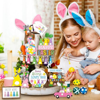 Marsui Easter Tiered Tray Decor Happy Easter Tiered Tray Ornament Rustic Farmhouse Spring Sign Bunny Truck Gnome Egg Wooden Sign for Home Table Decor(Floral Style) - style: Floral Style