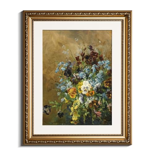 VIYYIEA Gold Framed Vintage Pansy Wall Art Floral Canvas Print, 13×16 Inch - color: Orchid sketching, size: 16"L x 13"W