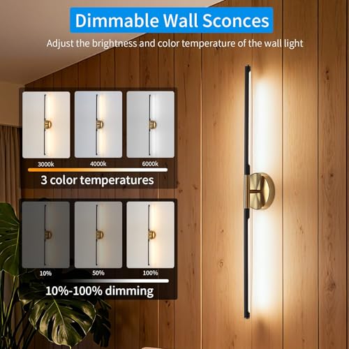 31.5 Inch Battery Operated Wall Sconces of Two, Modern Wireless Rechargeable Wall Lights with Remote Control, 3000K-6000K Dimmable, 350° Rotatable for Living Room, Bedroom, Hallway Decor