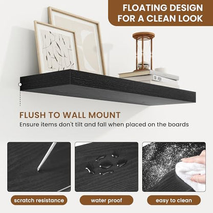Floating Shelves for Wall, Wall Mounted Wood Shelves, Black, Set of 2, 24in - color: Black, size: 24"W x 6.5"D , 2 Pack