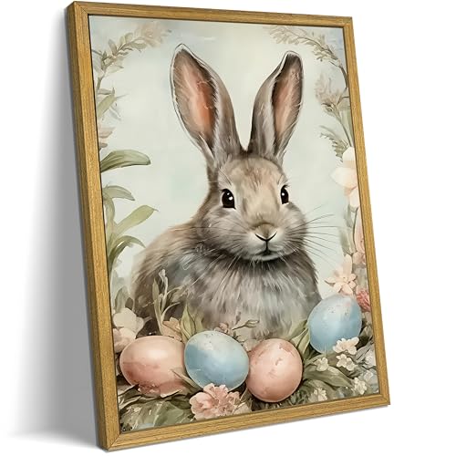 Easter Bunny Wall Art, Vintage Rabbit Canvas Wall Decor, Easter Eggs Poster Print Picture, Spring Farmhouse Animal Painting for Living Room Bedroom Kitchen Holiday Home Decor 12x16 Inch Wood Framed - color: Easter Bunny A, size: 16"L x 12"W