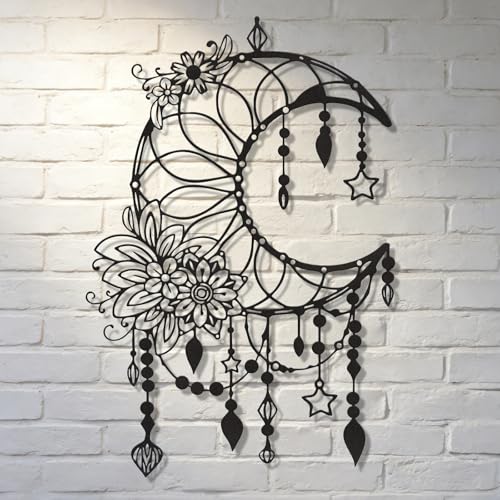 SYDERWE Metal Wall Art, Matte Black Moon Phase Decor, Celestial Bedroom Decor with Floral and Hanging Stars, Indoor & Outdoor