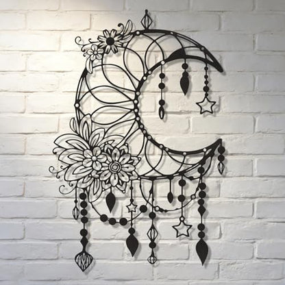 SYDERWE Metal Wall Art, Matte Black Moon Phase Decor, Celestial Bedroom Decor with Floral and Hanging Stars, Indoor & Outdoor