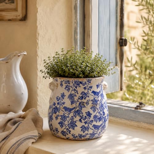 English Country Ceramic Planter, 6.7" Chinoiserie Vase & Utensil Holder - color: Blue