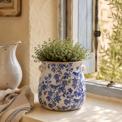 English Country Ceramic Planter, 6.7" Chinoiserie Vase & Utensil Holder - color: Blue