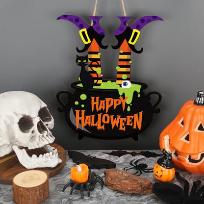 Halloween Witch Door Sign Happy Halloween Wooden Sign Plaque Witch Leg Front Door Hanging Decor Wood Welcome Signs for Home Farmhouse Hanger Porch Wall Decor Witches Party Supplies
