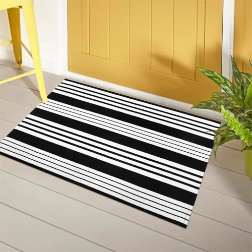 LEEVAN 2'X3' Black and White Striped Woven Cotton Reversible Outdoor Rug - color: Black Strip, size: 2' x 3'