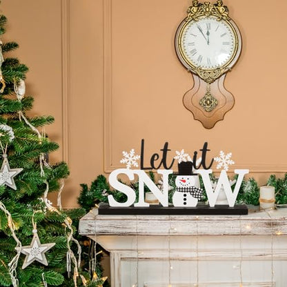 MiniInflat Let It Snow Table Decor Winter Metal Table Sign Christmas Black White Snowman Snowflake Decor with Wood Base for Winter Wonderland Decorations Xmas Home Tiered Tray Mantel Centerpiece - style: Let It Snow