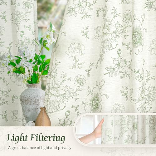 LAMIT Floral Linen Bedroom Curtains 63 Inches Long, Olive Green, 2 Panels - color: Olive Green, size: 52"W x 63"L (Pack of 2)