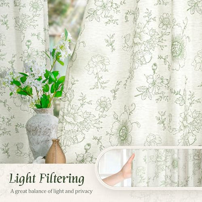 LAMIT Floral Linen Bedroom Curtains 63 Inches Long, Olive Green, 2 Panels - color: Olive Green, size: 52"W x 63"L (Pack of 2)