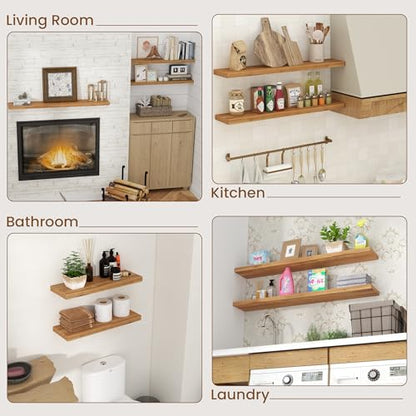 Floating Shelves for Wall, 16"Wx8"D Elm Wood Shelves, Set of 2, Natural - color: Natural, size: Round Edge,16inch, 2Packs