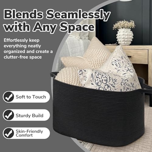 Goodpick 85L Large Woven Rope Blanket Basket, Rectangle, Black - color: Black, size: X-Large(23.6"L x 15.7"W x 13.8"H)