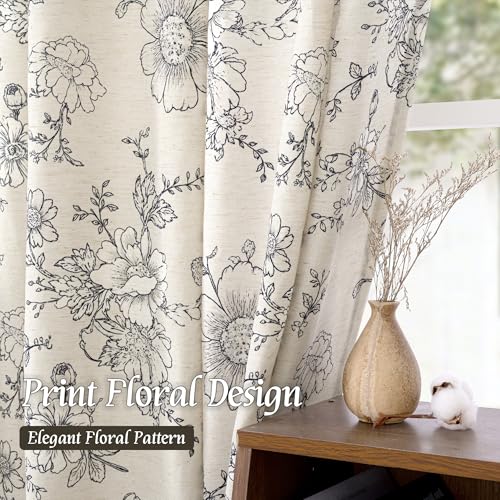LAMIT Floral Linen Window Curtains 63 Inch Length, 2 Panels, Black - color: Black on Beige, size: 52"W x 63"L (Pack of 2)
