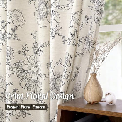 LAMIT Floral Linen Window Curtains 63 Inch Length, 2 Panels, Black - color: Black on Beige, size: 52"W x 63"L (Pack of 2)