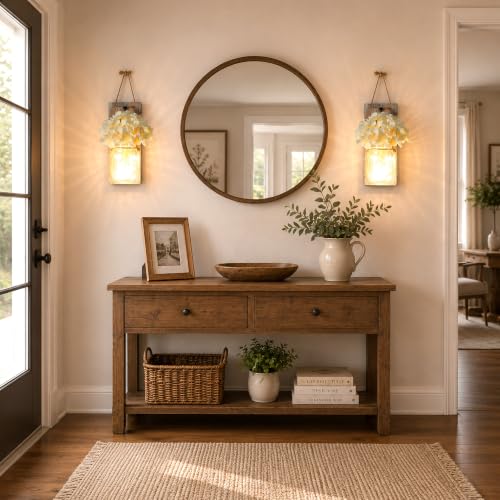Rustic Mason Jar Sconces Wall Decor, Rustic Brown, Set of 2 - color: 11"H Brown + Hydrangea