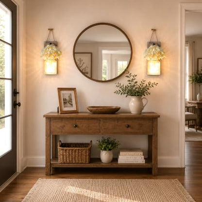Rustic Mason Jar Sconces Wall Decor, Rustic Brown, Set of 2 - color: 11"H Brown + Hydrangea