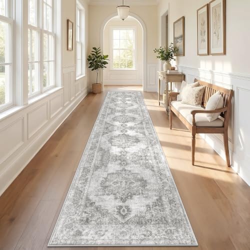 Runner Rug 2x12 Washable Rugs: Vintage Hallway Kitchen Runner Non Slip Low Pile Rug Runner Soft Stain Resistant Indoor Carpet Runners for Entryway Hall Bedroom Bedside (Grey, 2'x12') - color: Grey, size: 2' x 12' (Rectangular)