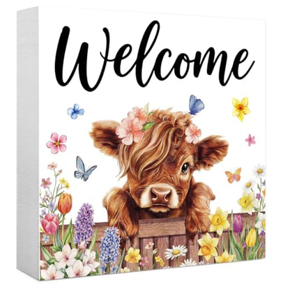 Cute Highland Cow Wooden Box Welcome Sign - color: Highland Cow