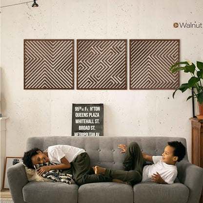 Abstract Wooden Wall Art Modern, Geometric Wood Wall Decor Living Room, Set of 3 Large Wood Wall Art, Aesthetic 3D Illusion Wood Wall Panels