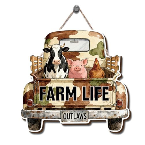 Farmhouse Wall Decor, Farm Life Truck Sign with Cow Pig Chicken, Rustic Wood Hanging Plaque, Watercolor Farm Animal Wall Art Painting Style, Country Home Door or Wall Sign, 10.4x9.8 Inches - color: Farm 18