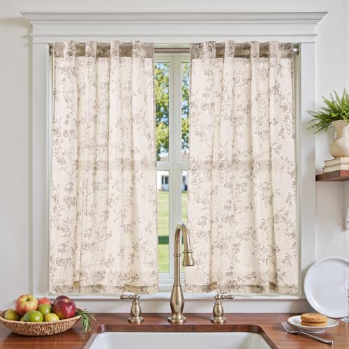 jinchan Floral Linen Kitchen Tier Curtains, 45 Inch, 2 Panels, Taupe - color: Alisa Taupe, size: 38"W x 45"L (Pack of 2)