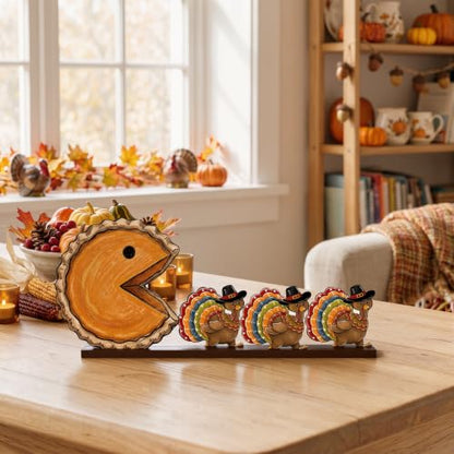 Smile Thanksgiving Wooden Standing Decor, Pumpkin Pie Turkey and Mini Turkeys Tiered Tray Tabletop Signs With Stands for Home And Party Decorations - style: Retro