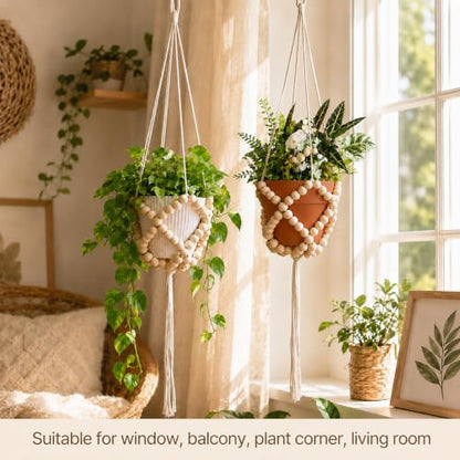 Artilady Macrame Beaded Plant Hanger,Boho Hanging Planter for Indoor Plants - color: Beige B