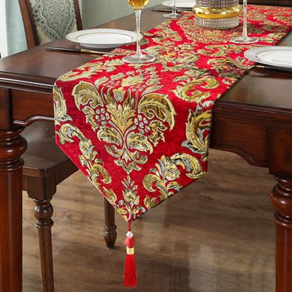 Elegant Table Runners 72 inches Long Chenille with Tassels Red Christmas - color: Red, size: 13x72”